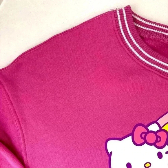 Hello Kitty Bright Pink W/ White Stripe Rayon Oversized Crew Neck Sweatshirt (M) - Picture 11 of 16